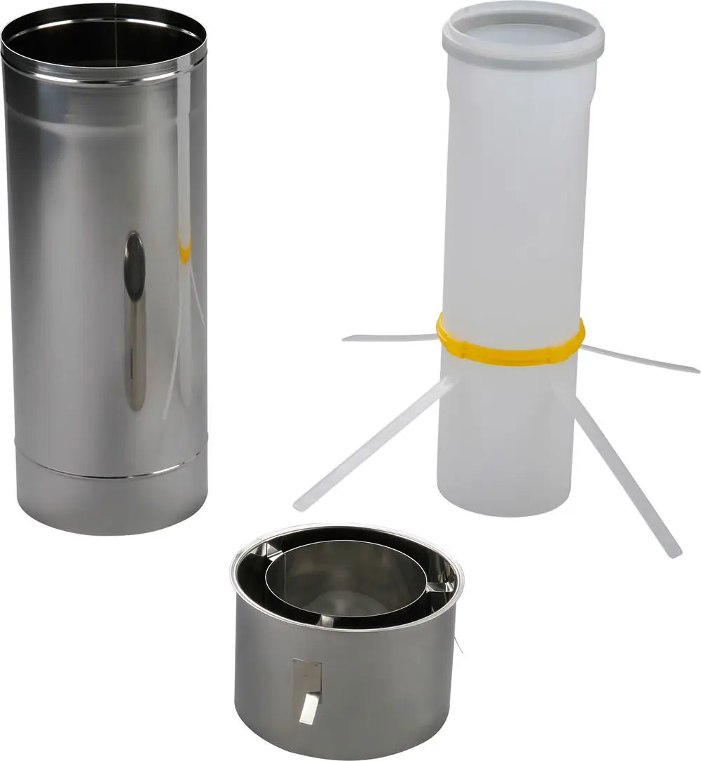 Stainless steel components for exhaust systems, including a cylindrical piece and a connecting section, likely part of a Bosch installation system.
